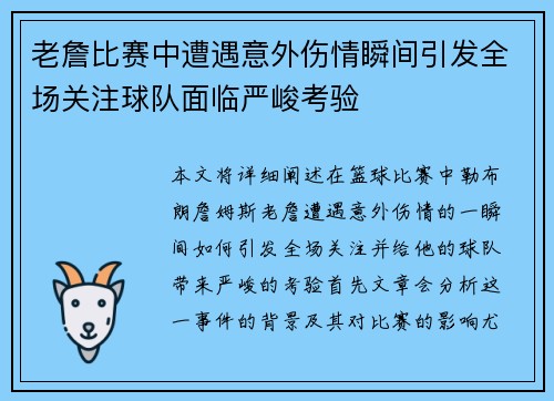 老詹比赛中遭遇意外伤情瞬间引发全场关注球队面临严峻考验