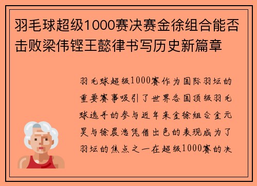 羽毛球超级1000赛决赛金徐组合能否击败梁伟铿王懿律书写历史新篇章