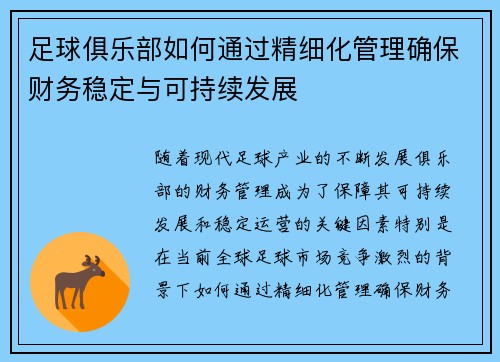 足球俱乐部如何通过精细化管理确保财务稳定与可持续发展 足球俱乐部如何通过精细化管理确保财务稳定与可持续发展